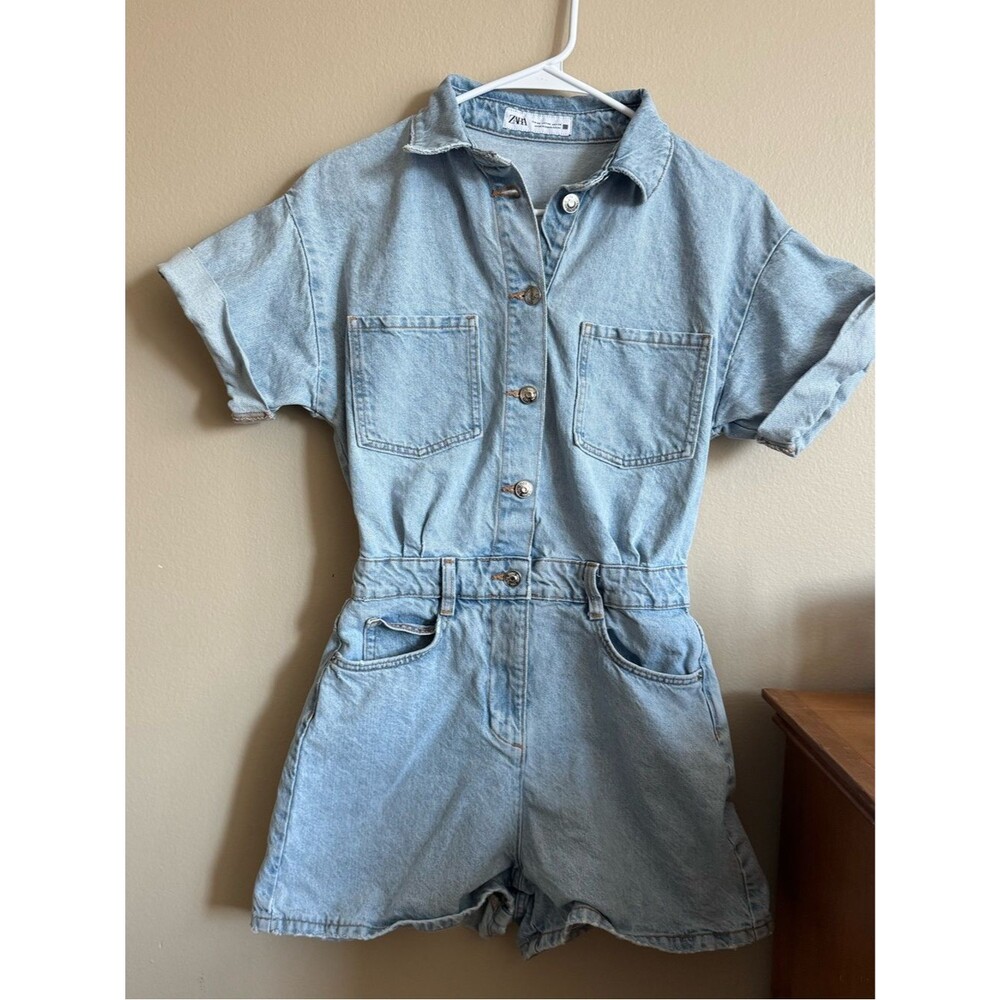 Zara Light Wash Denim Utility Romper Womens XS Button Front Jean Short